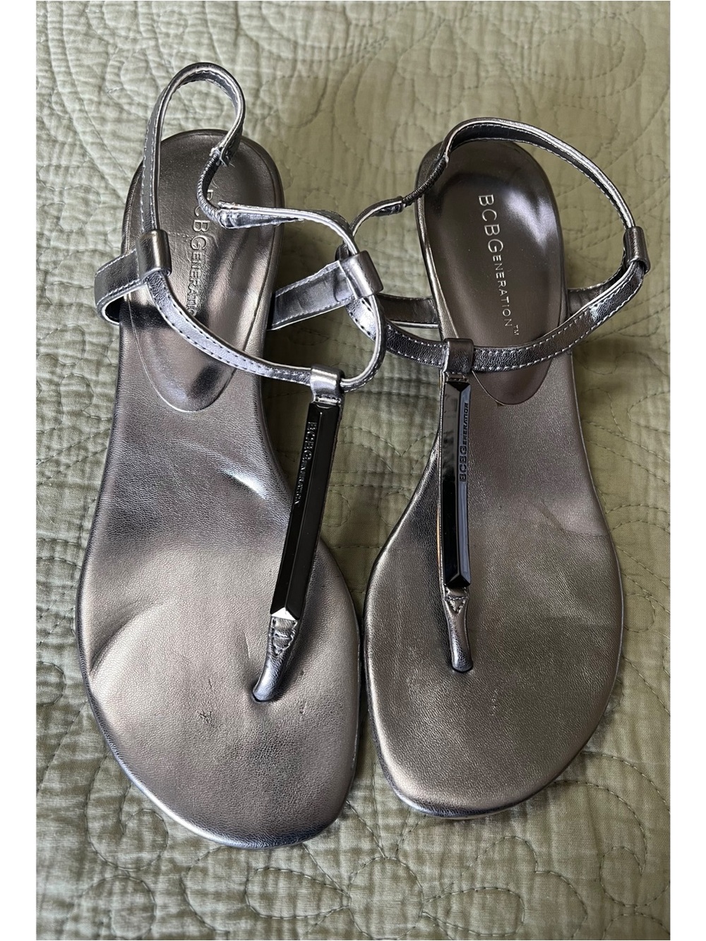 BCBGeneration Silver Metallic T-Strap Sandals - Women